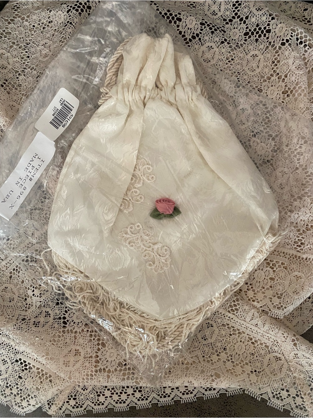 Vintage Shell Kepler Ivory Drawstring Satin Evening Bag with Pink Rose Accent